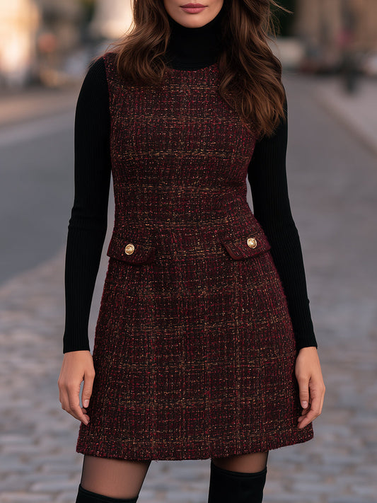 Conjunto Zafren cor de vinho com vestido de peito e saia em tweed