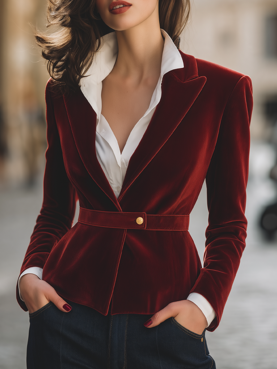 Σακάκι Zafren από μπορντό βελούδο με ζώνη και peplum