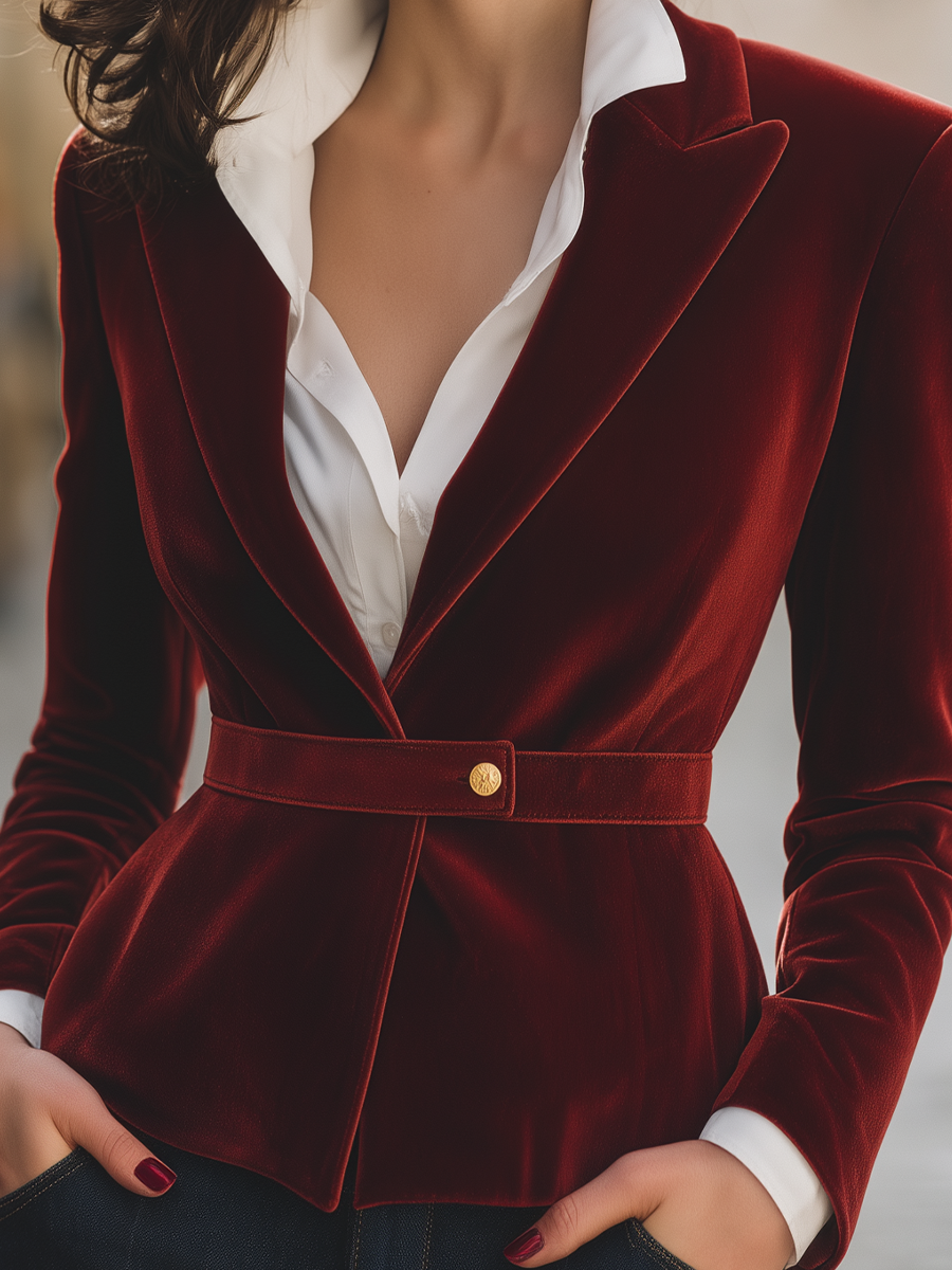 Σακάκι Zafren από μπορντό βελούδο με ζώνη και peplum