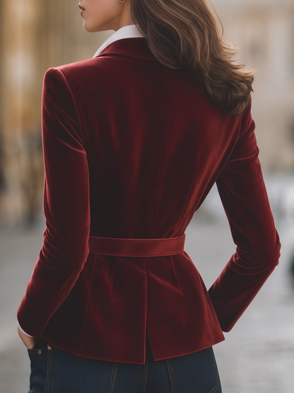 Σακάκι Zafren από μπορντό βελούδο με ζώνη και peplum