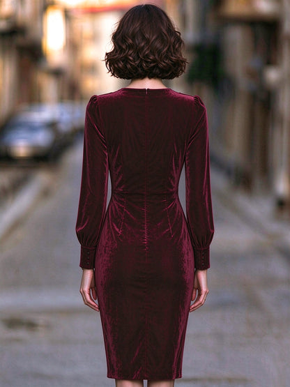 Zafren Burgundy Velvet Lace Cowl Dress