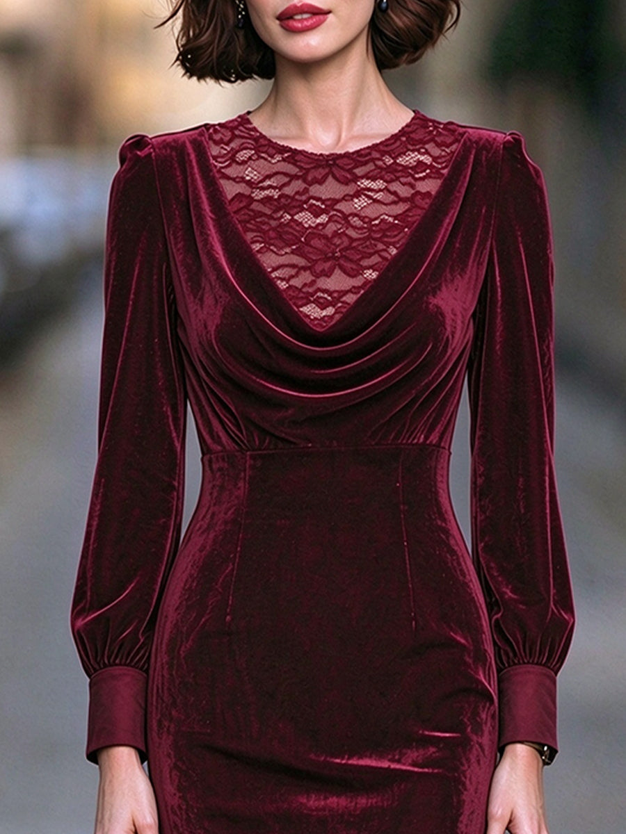 Zafren Burgundy Velvet Lace Cowl Dress