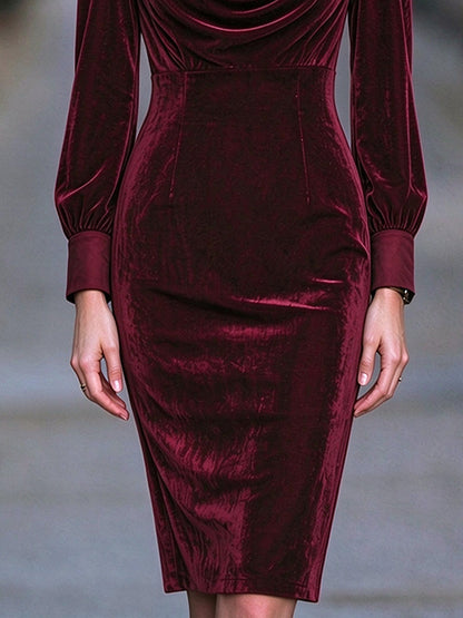 Zafren Burgundy Velvet Lace Cowl Dress