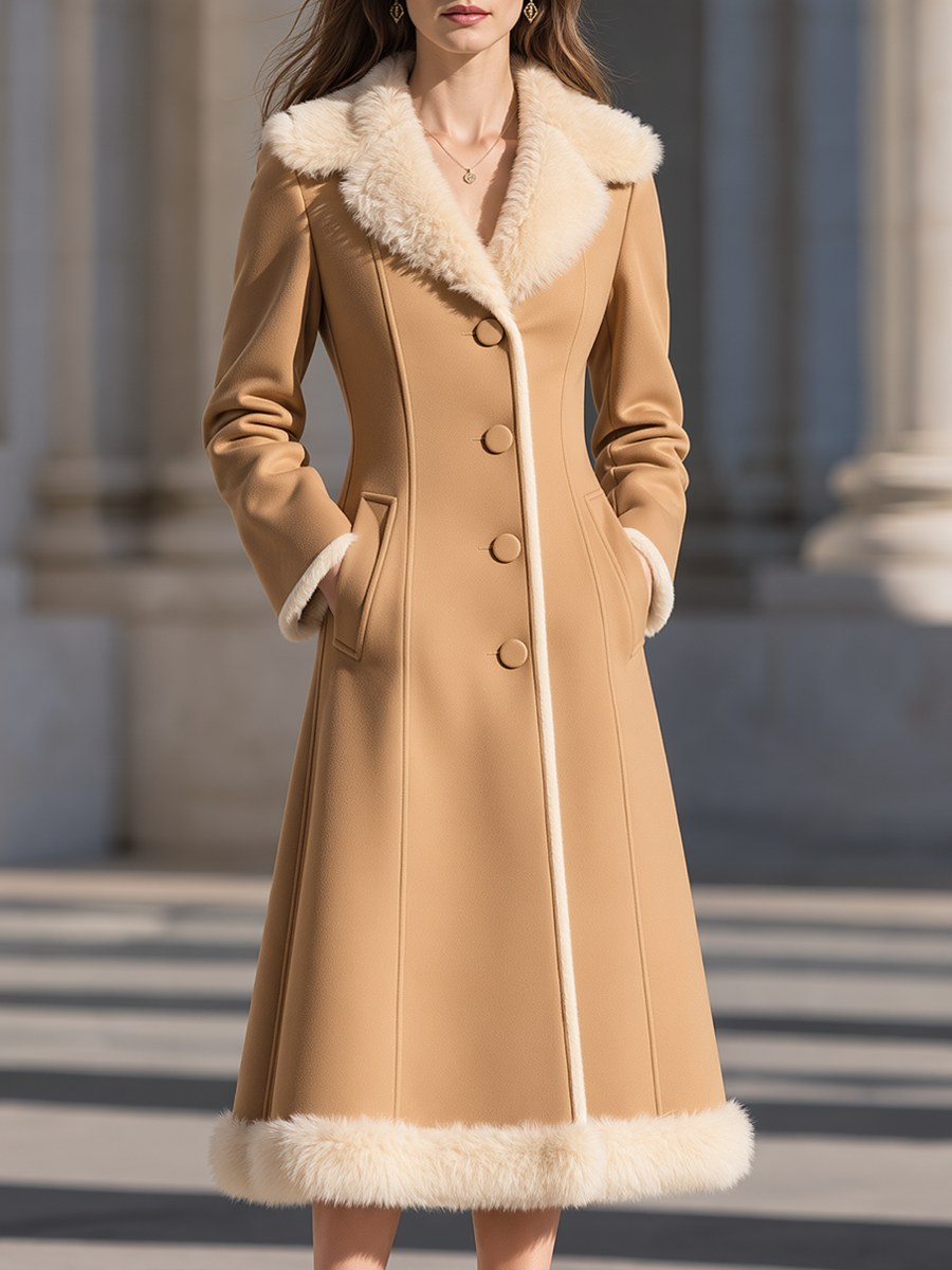 Casaco midi Zafren camel com acabamento de pelo
