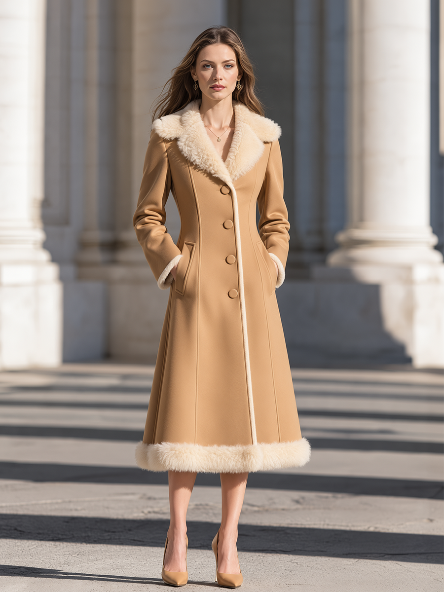 Casaco midi Zafren camel com acabamento de pelo