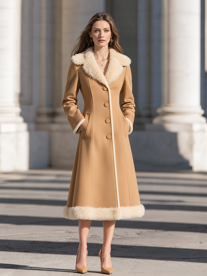 Casaco midi Zafren camel com acabamento de pelo