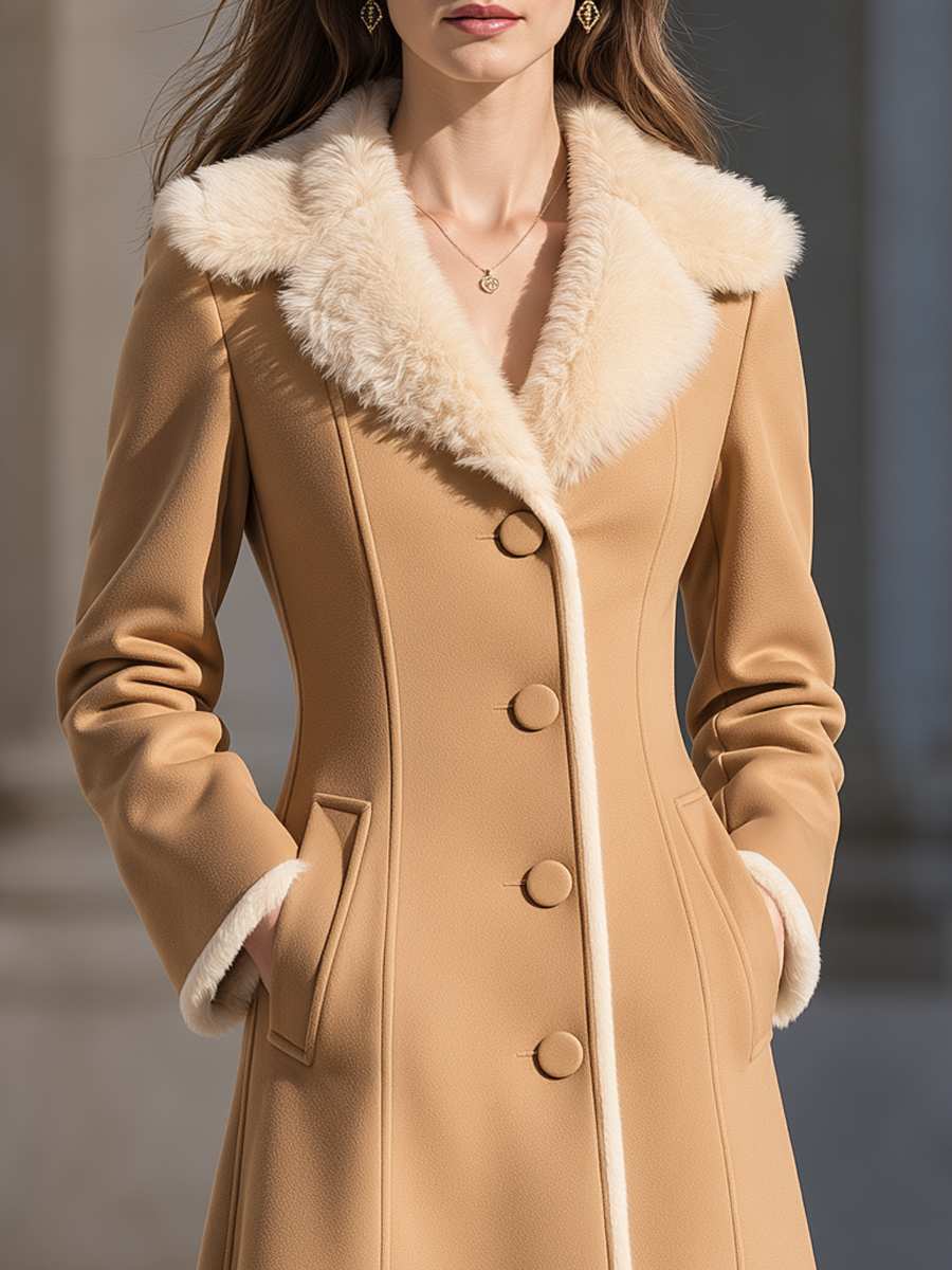 Casaco midi Zafren camel com acabamento de pelo