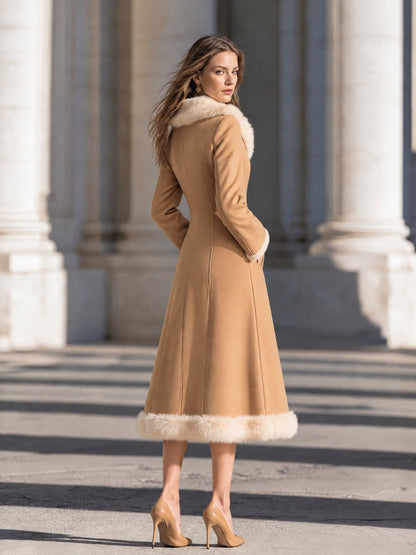 Casaco midi Zafren camel com acabamento de pelo