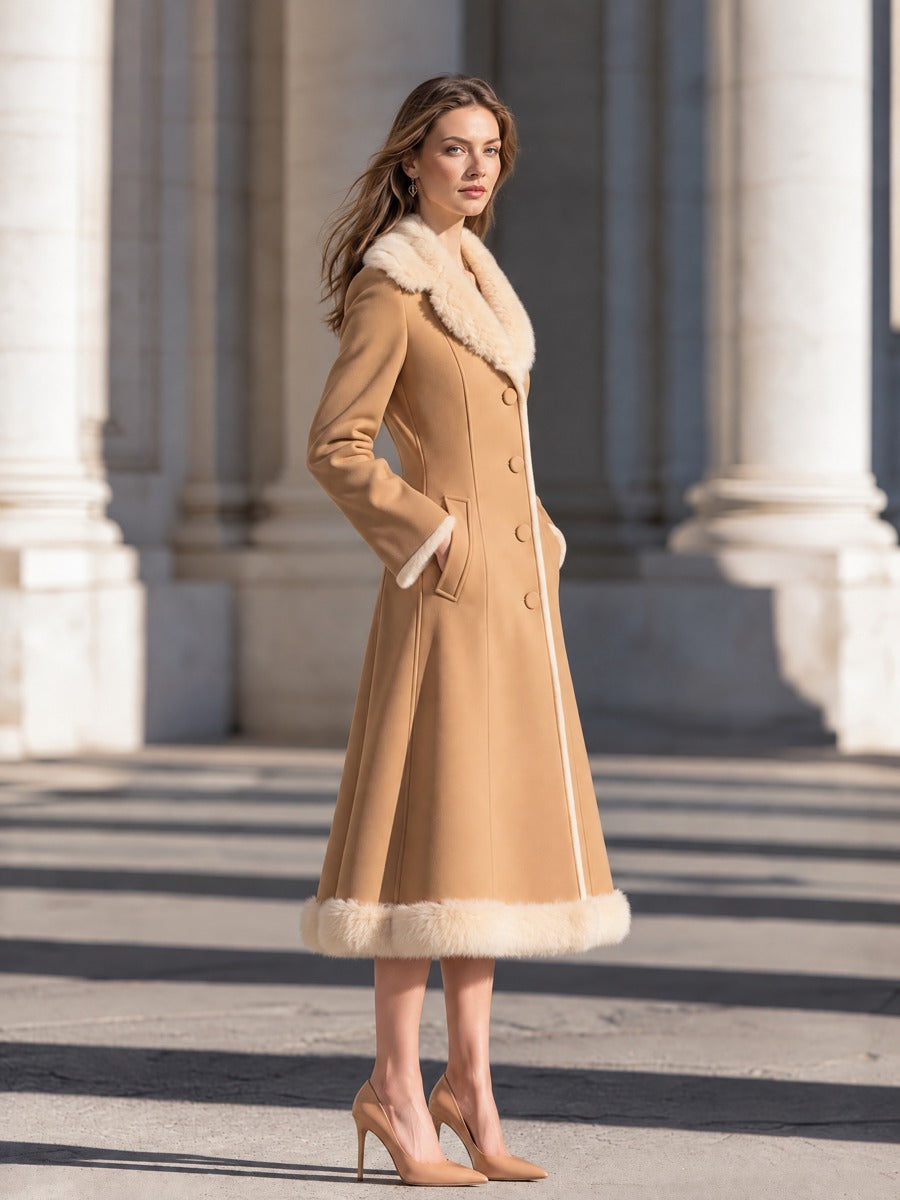 Casaco midi Zafren camel com acabamento de pelo
