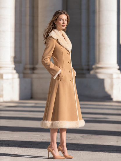 Casaco midi Zafren camel com acabamento de pelo