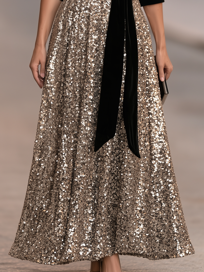 Zafren Champagne Sequin Bow Maxi Dress