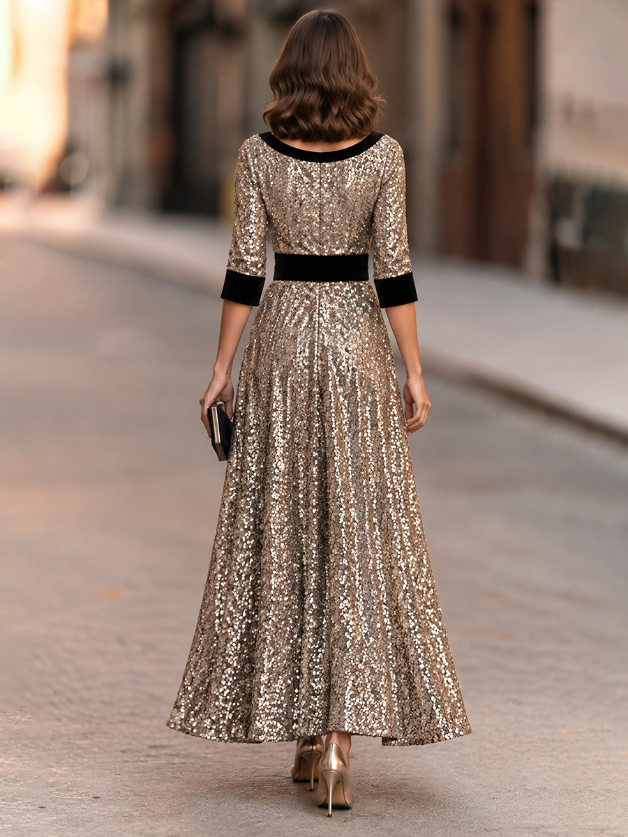 Zafren Champagne Sequin Bow Maxi Dress