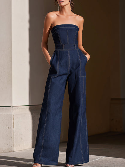 Zafren mørk denimjumpsuit uden stropper og med brede ben