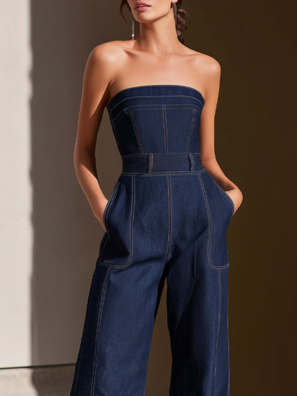 Zafren mørk denimjumpsuit uden stropper og med brede ben