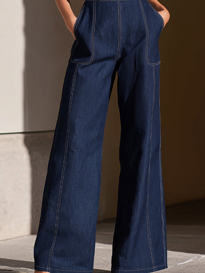 Zafren mørk denimjumpsuit uden stropper og med brede ben