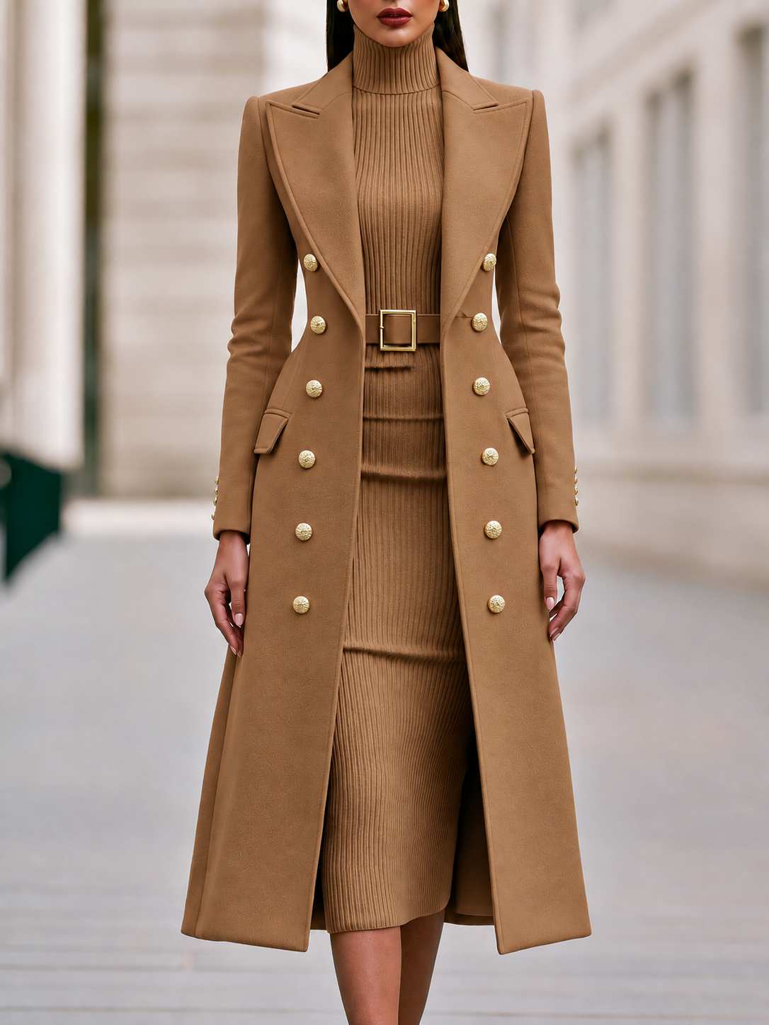Conjunto Zafren de vestido de punto y abrigo cruzado