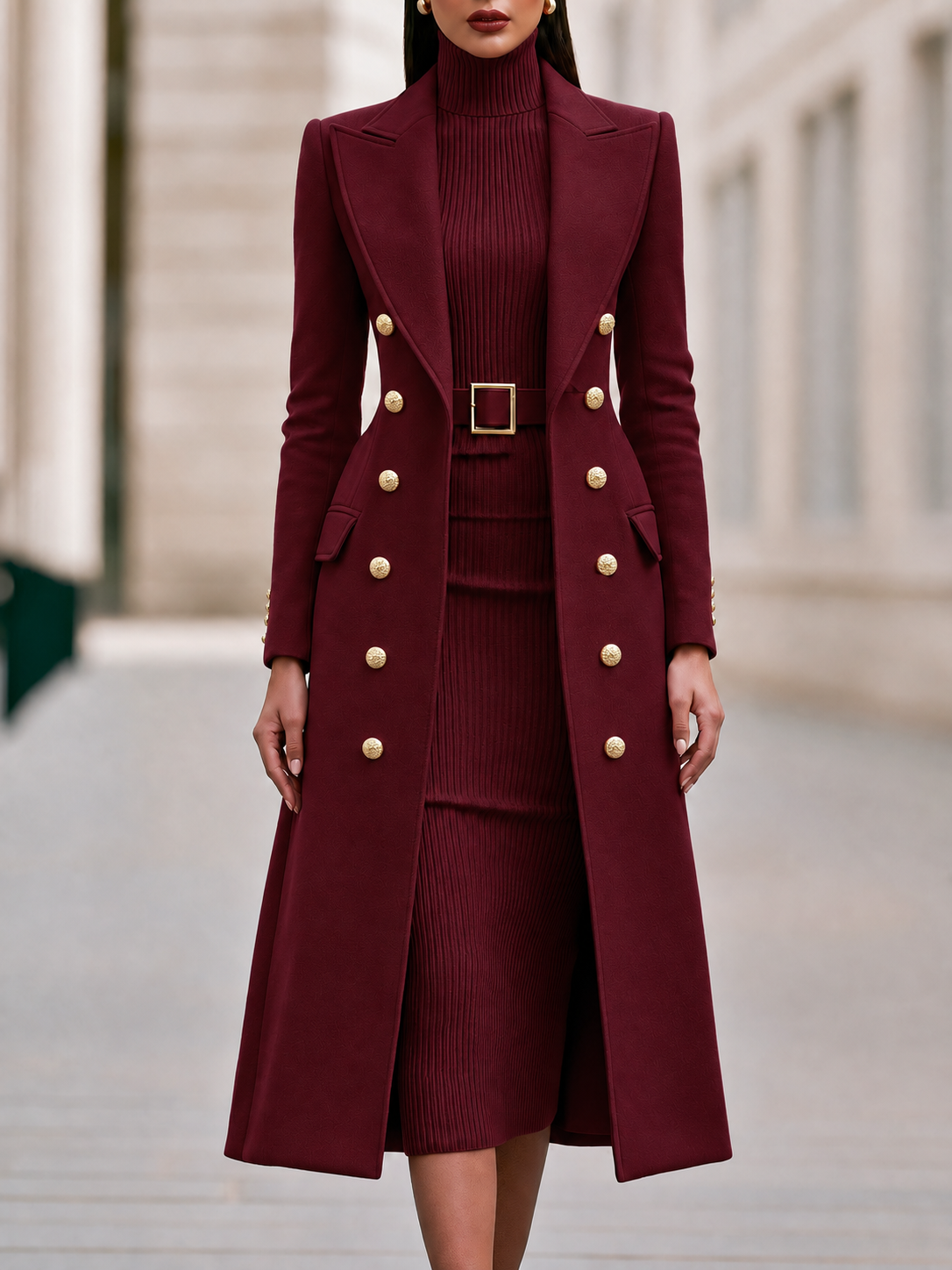 Conjunto Zafren de vestido de punto y abrigo cruzado