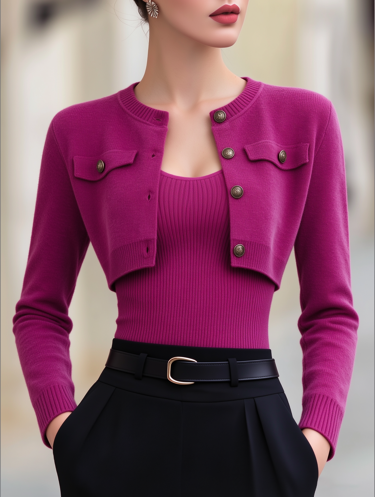 Set Zafren fucsia cu cardigan scurt și maiou