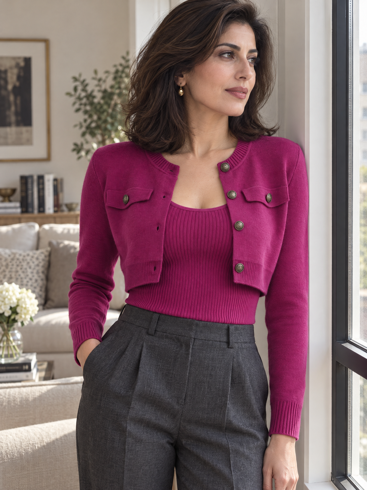 Set Zafren fucsia cu cardigan scurt și maiou