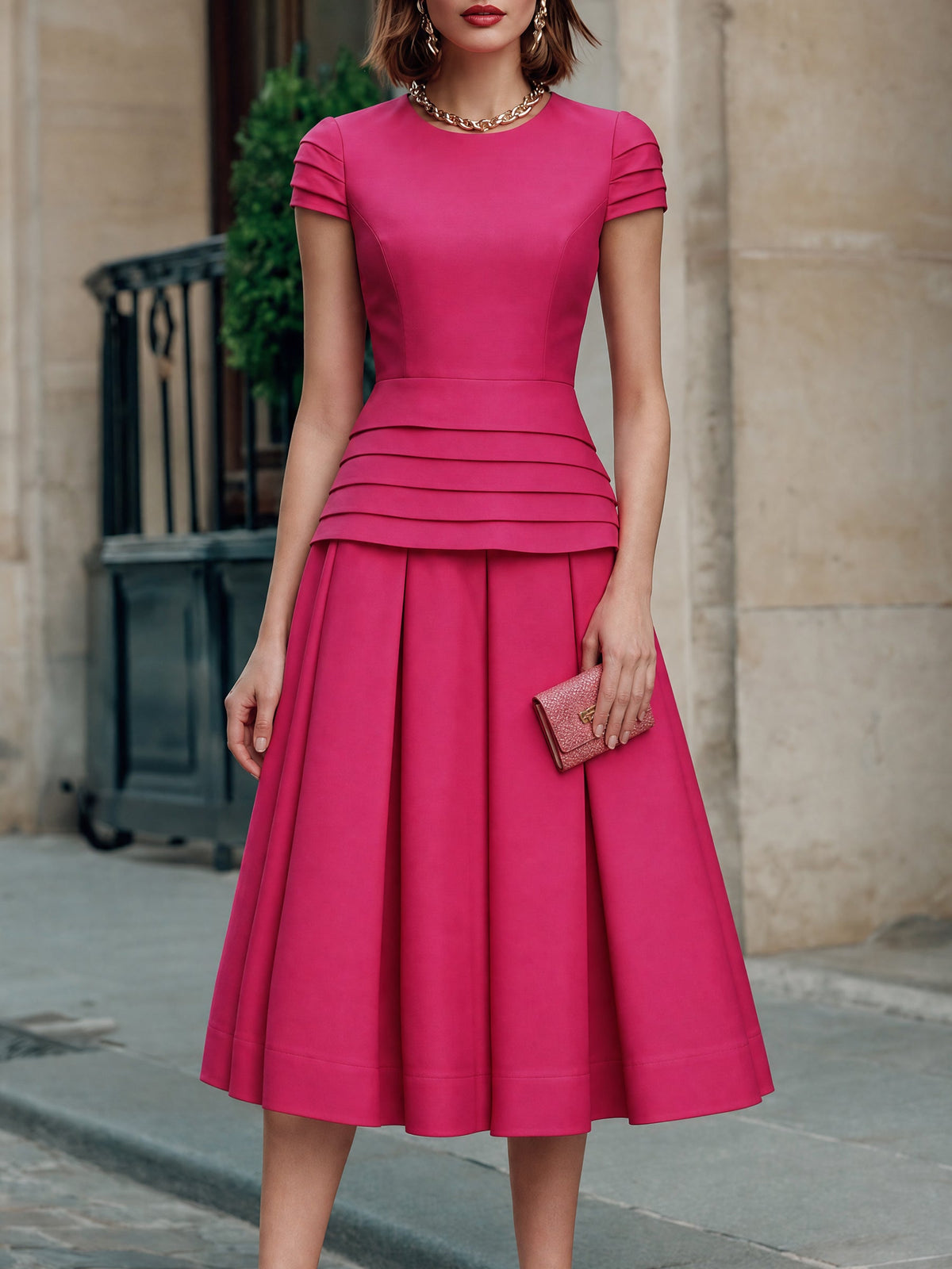 Zafren Fuchsia Pleated Waist Flare Dress