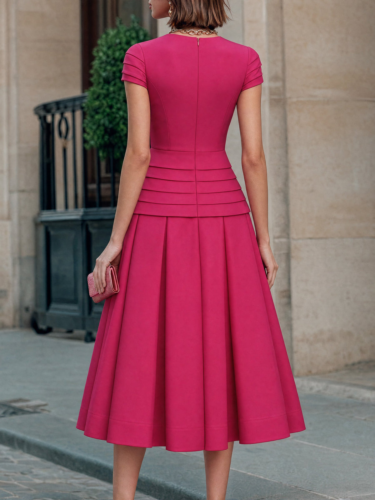 Zafren Fuchsia Pleated Waist Flare Dress