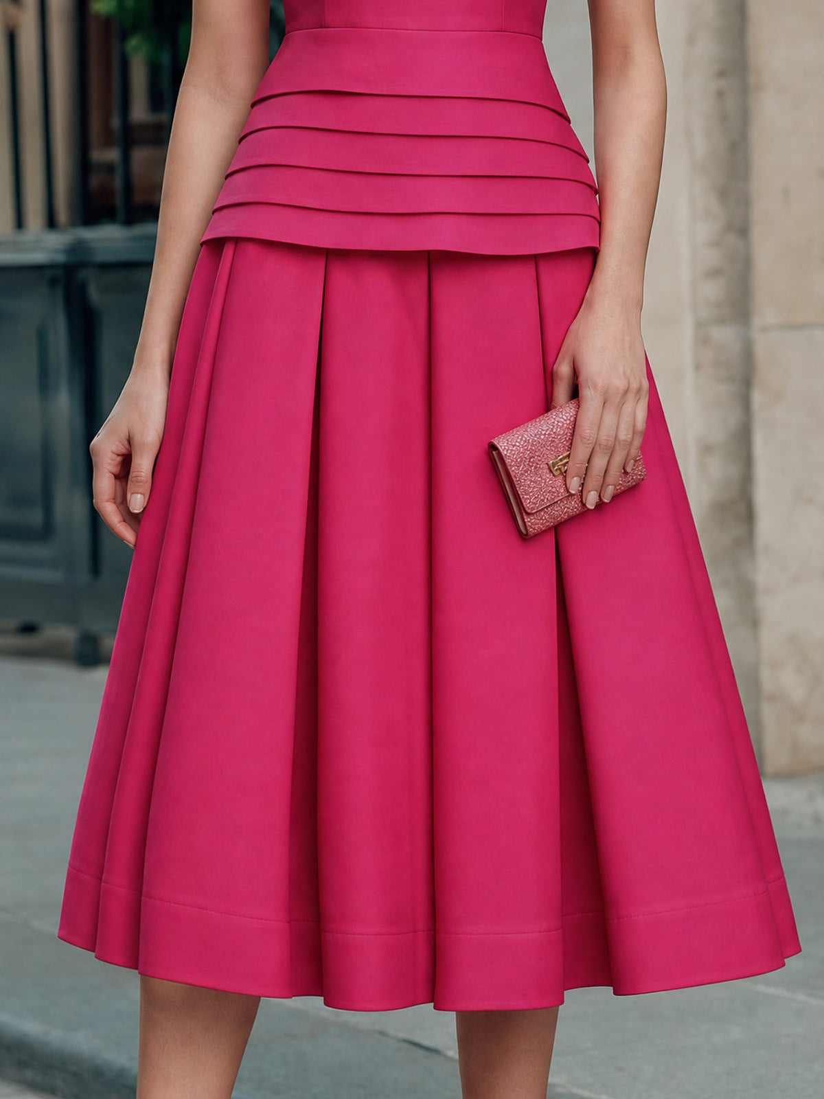 Zafren Fuchsia Pleated Waist Flare Dress