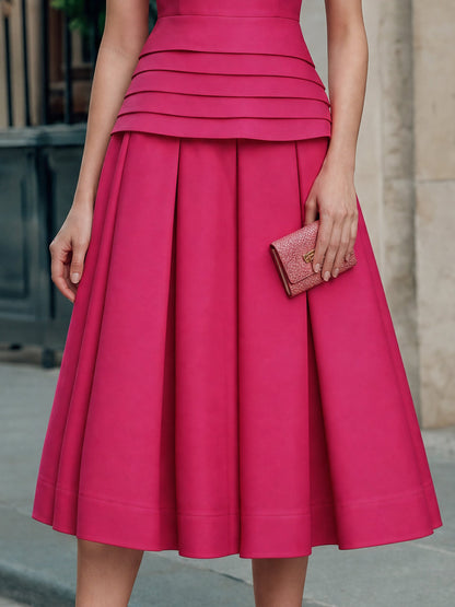 Zafren Fuchsia Pleated Waist Flare Dress