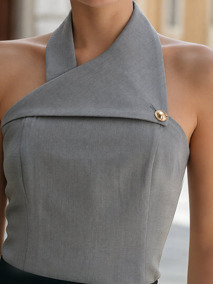 Zafren Gray Asymmetric Halter Button Top