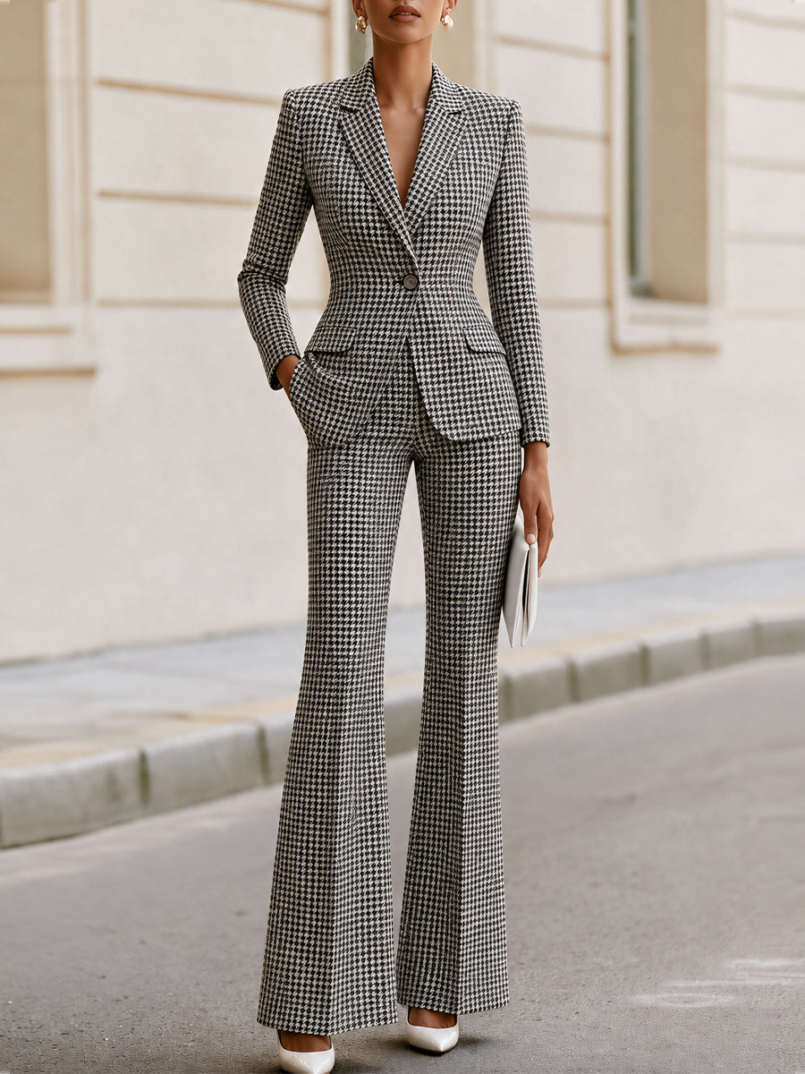 Zafren Gray Houndstooth Flared Pant Suit