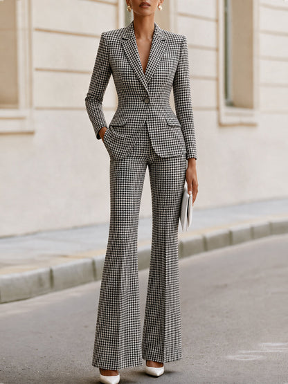 Zafren Gray Houndstooth Flared Pant Suit