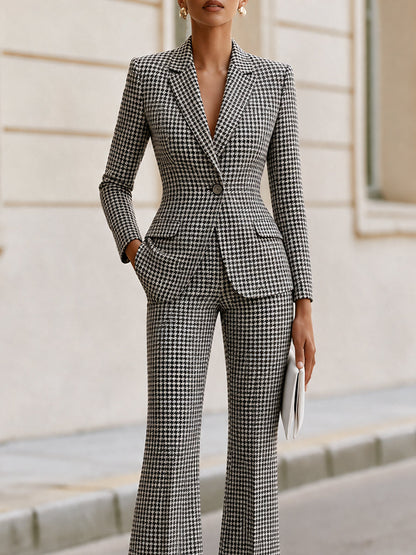 Zafren Gray Houndstooth Flared Pant Suit