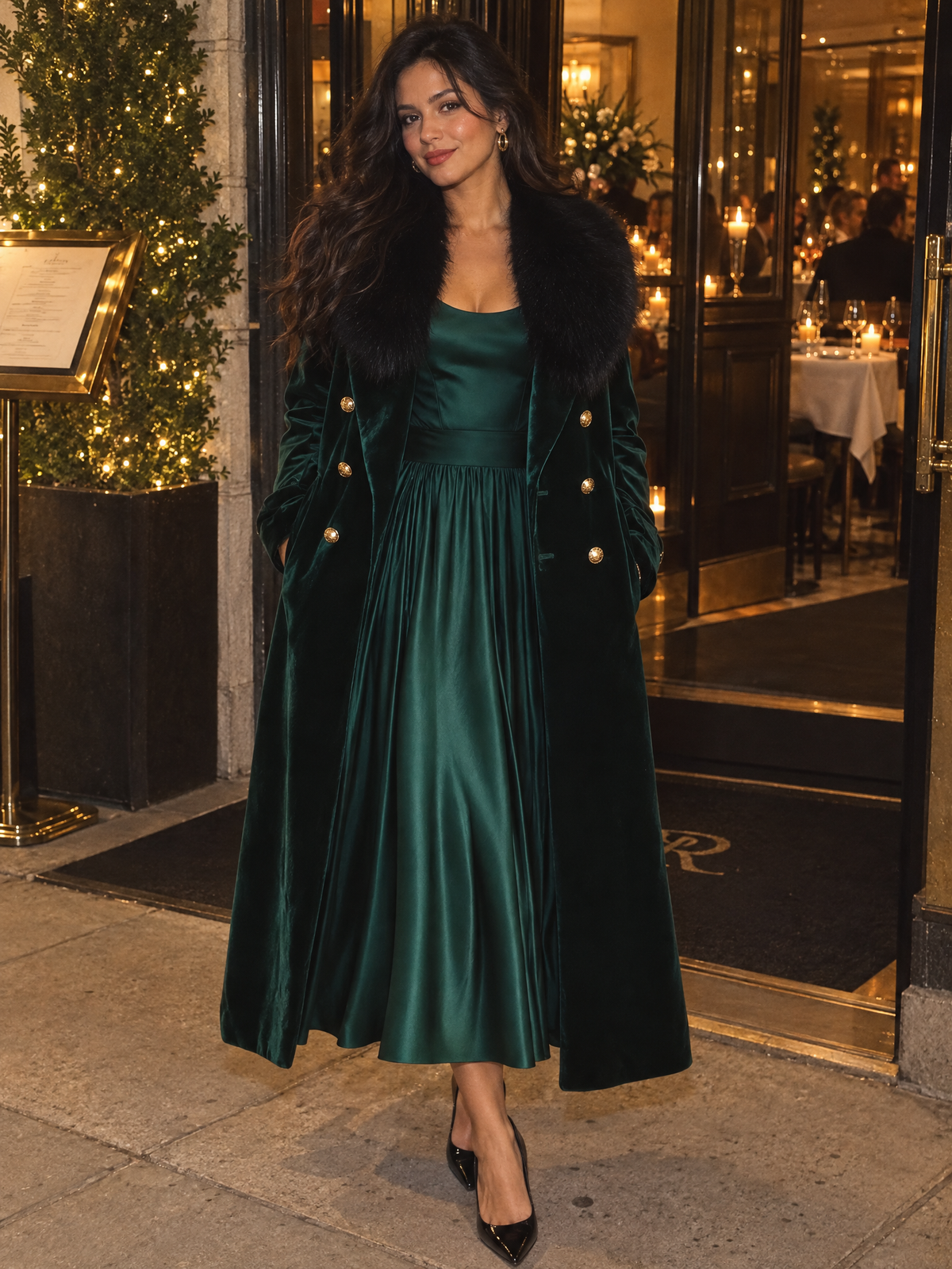 Ensemble Zafren composé d’une robe-manteau verte en velours duveteux