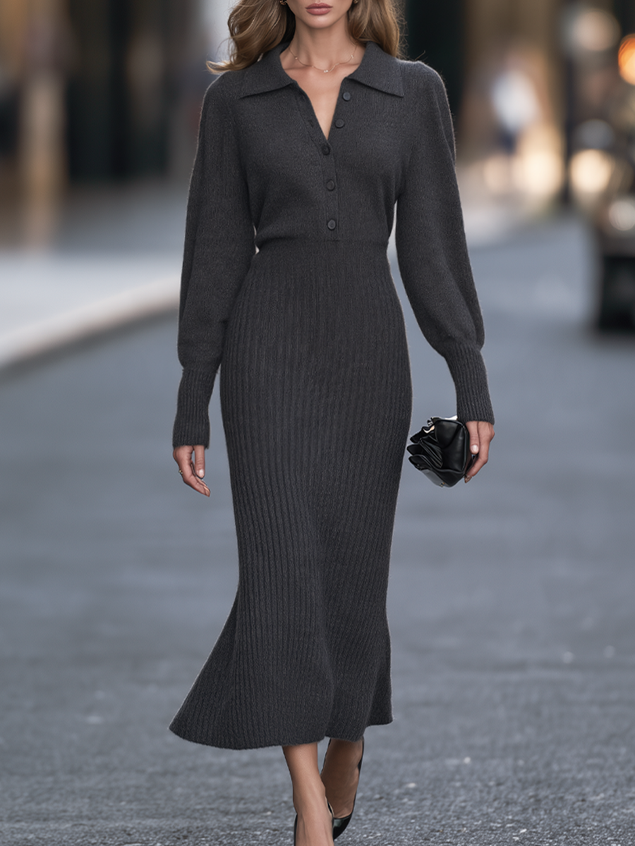 Zafren Grey Collared Ribbed Knit Dress