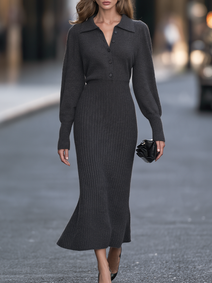 Zafren Grey Collared Ribbed Knit Dress