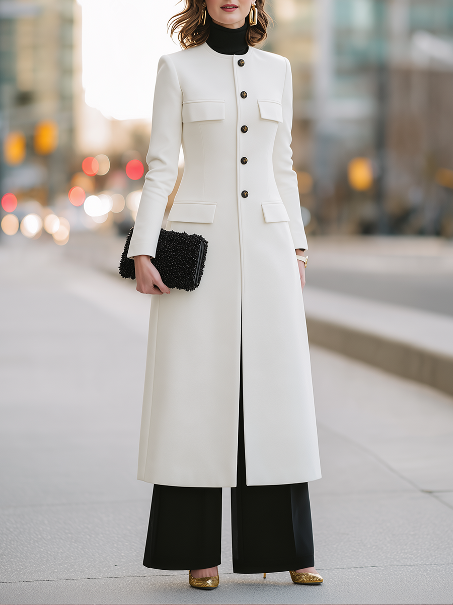 Zafren Ivory Collarless Button Longline Coat