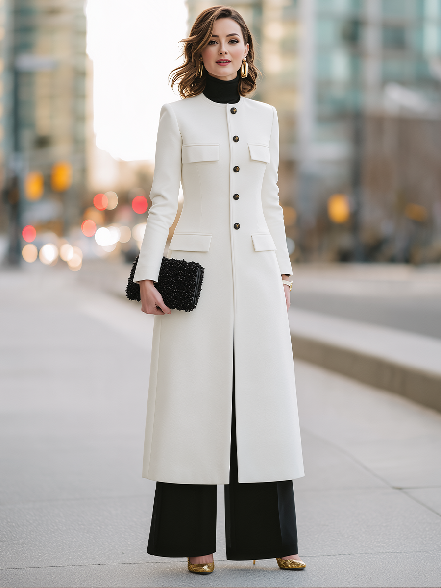 Zafren Ivory Collarless Button Longline Coat