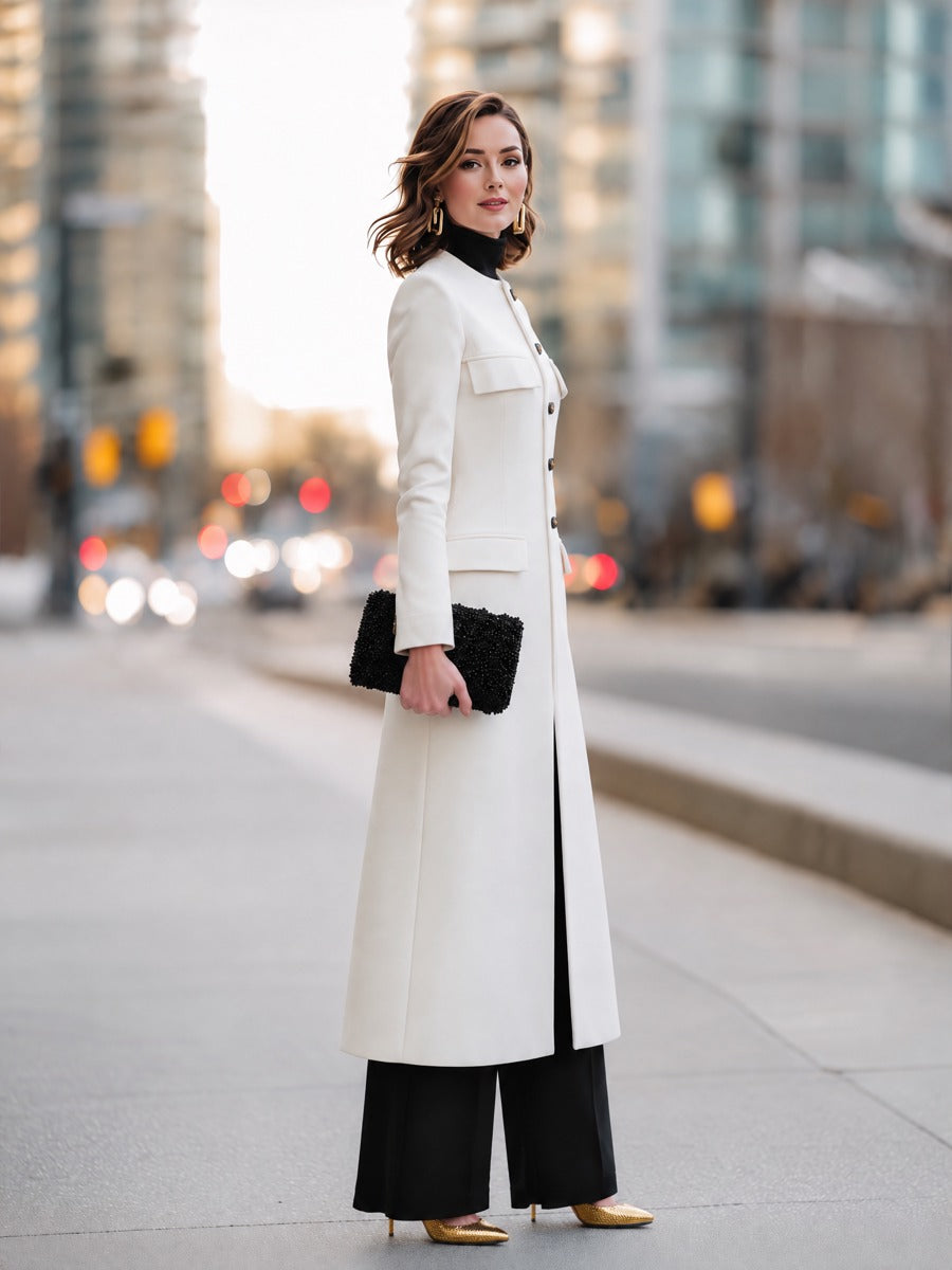 Zafren Ivory Collarless Button Longline Coat