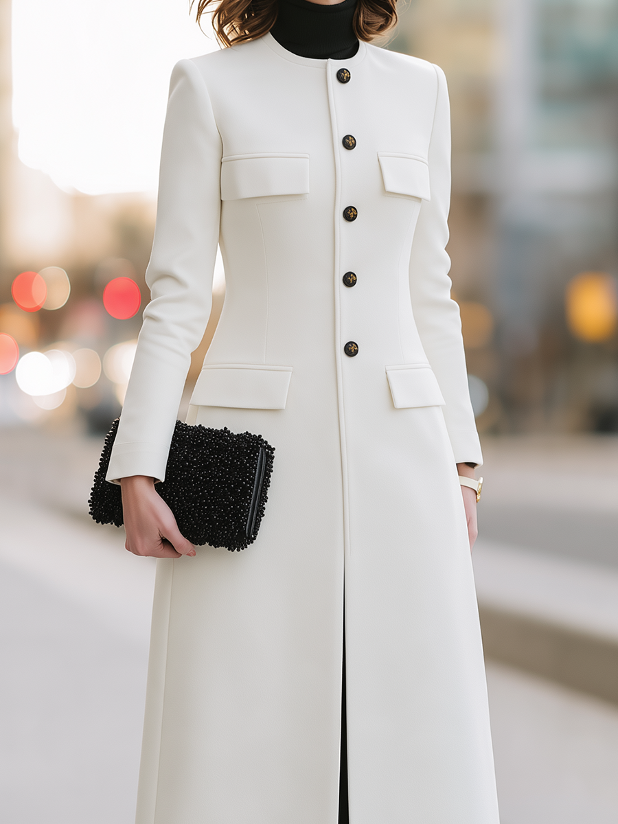 Zafren Ivory Collarless Button Longline Coat