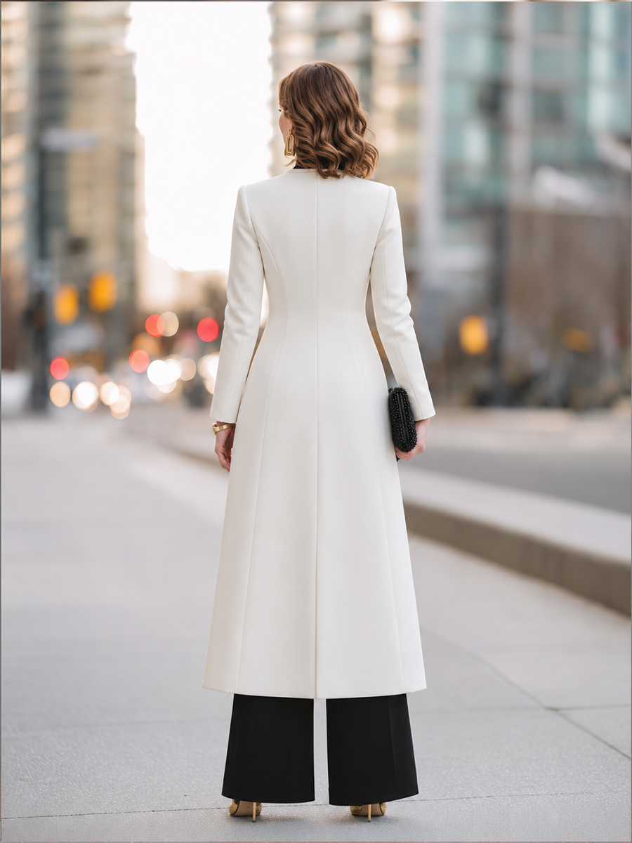 Zafren Ivory Collarless Button Longline Coat