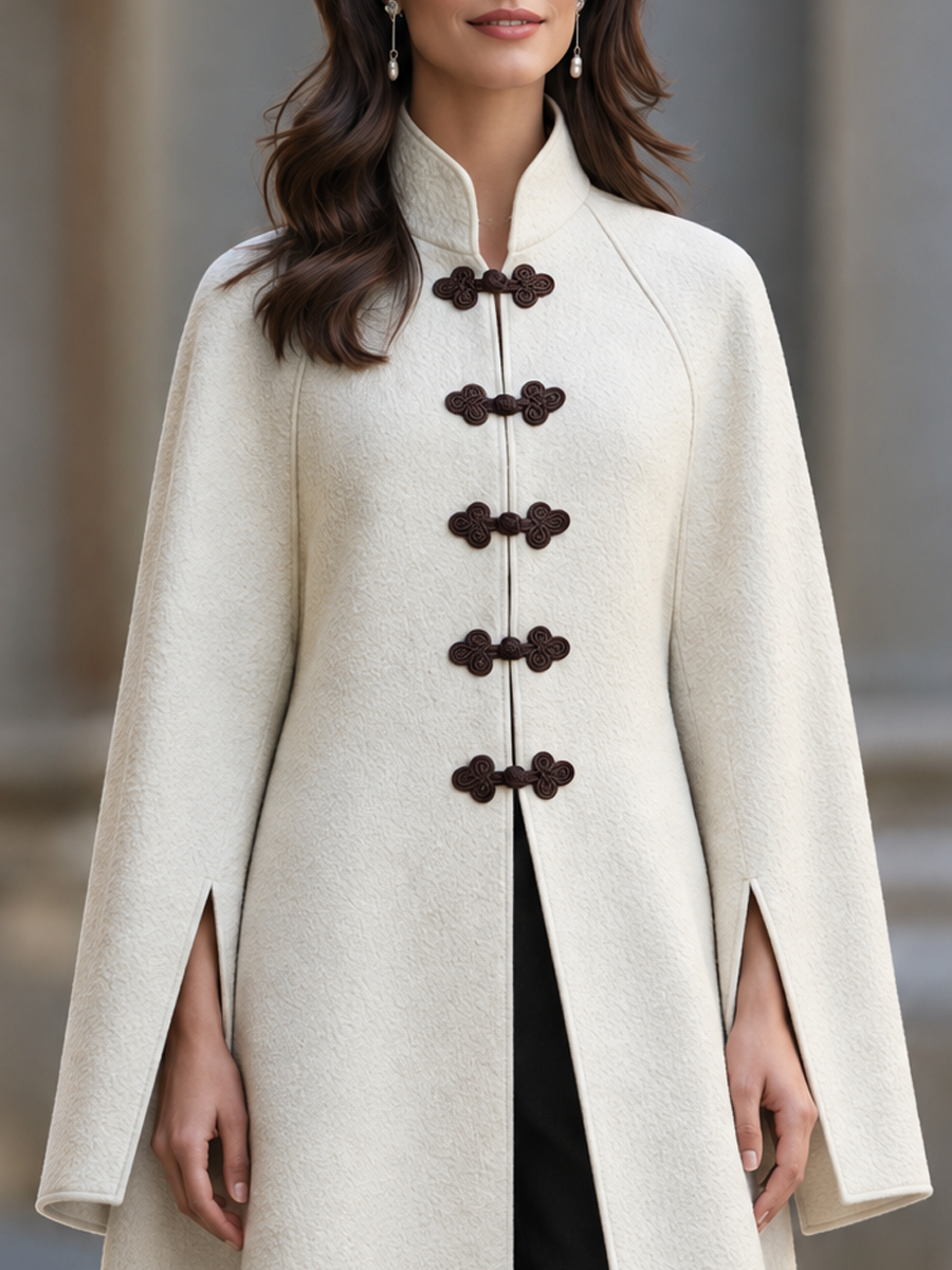 Zafren Ivory Frog Button Wool Coat
