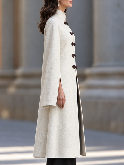 Zafren Ivory Frog Button Wool Coat