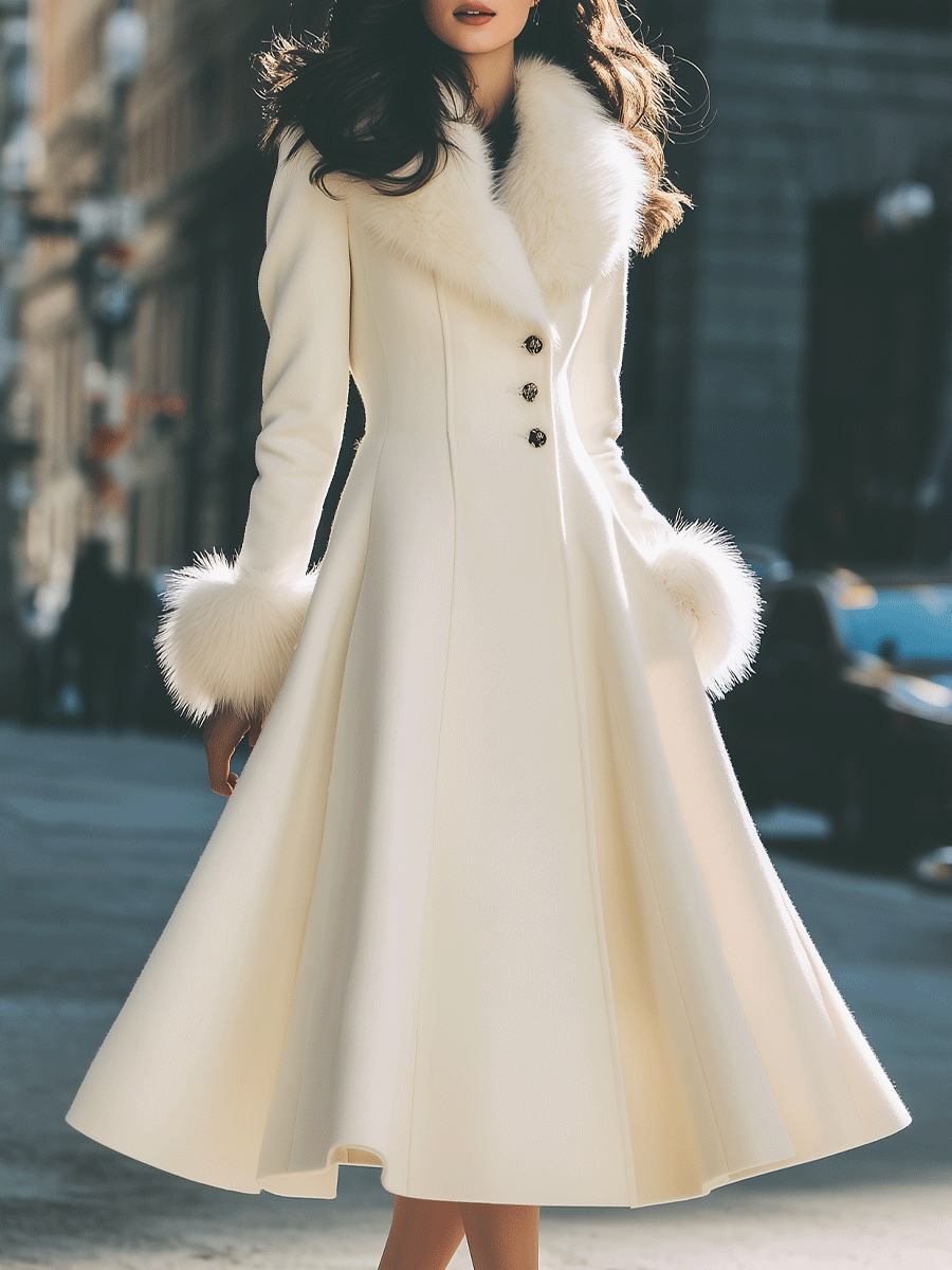 Zafren Ivory Fur Cuff Flared Coat