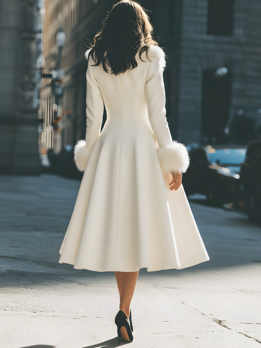 Zafren Ivory Fur Cuff Flared Coat