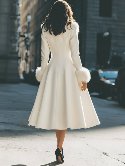 Zafren Ivory Fur Cuff Flared Coat