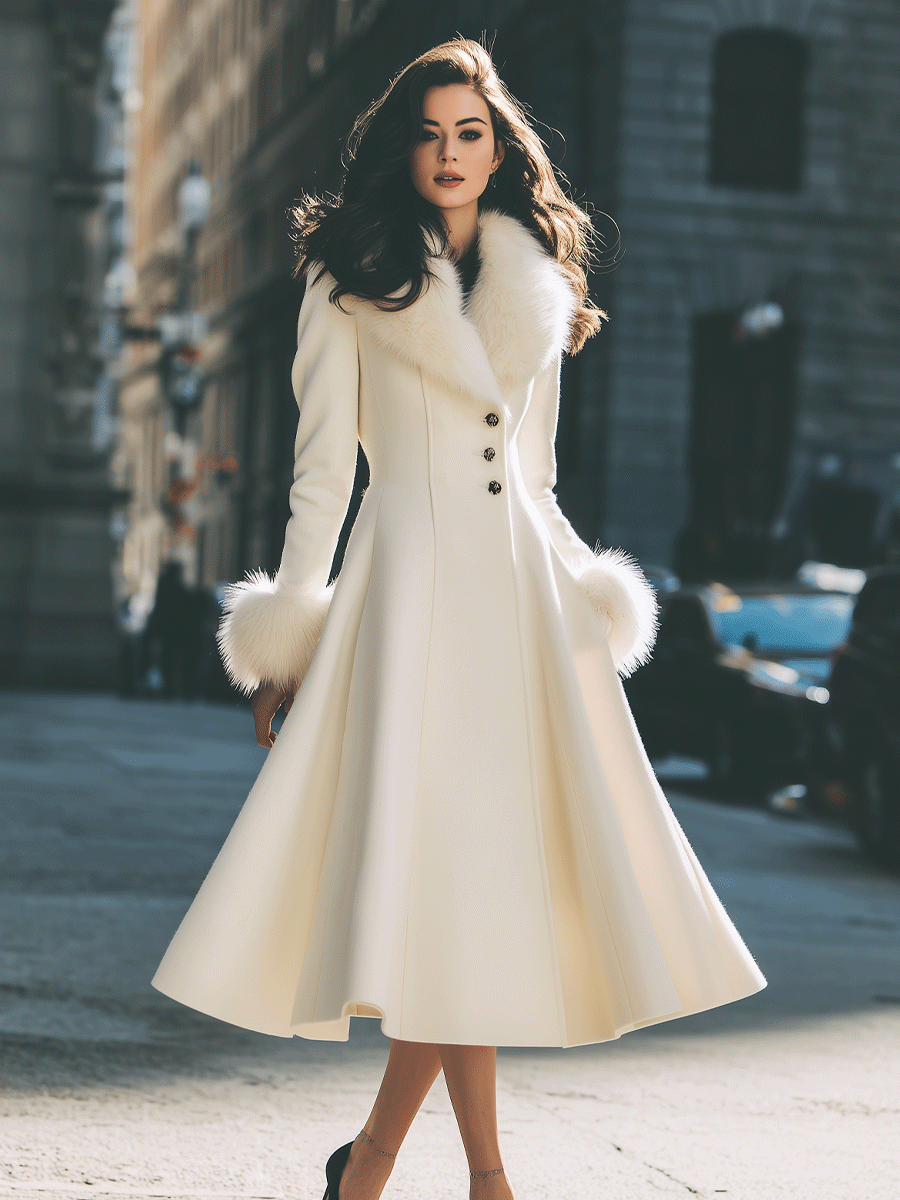 Zafren Ivory Fur Cuff Flared Coat