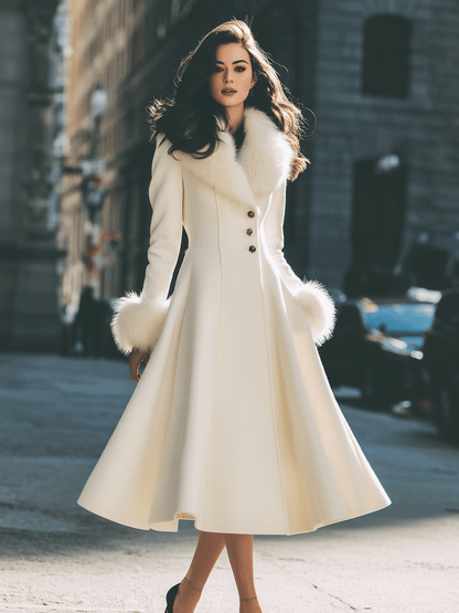 Zafren Ivory Fur Cuff Flared Coat