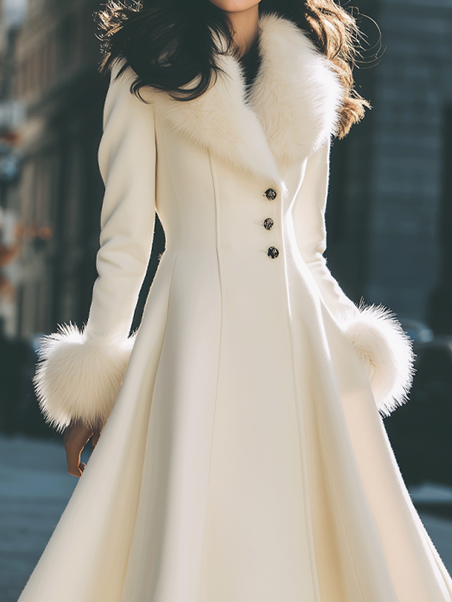 Zafren Ivory Fur Cuff Flared Coat