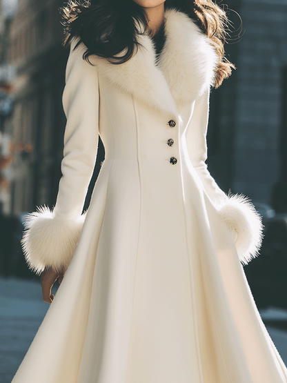 Zafren Ivory Fur Cuff Flared Coat