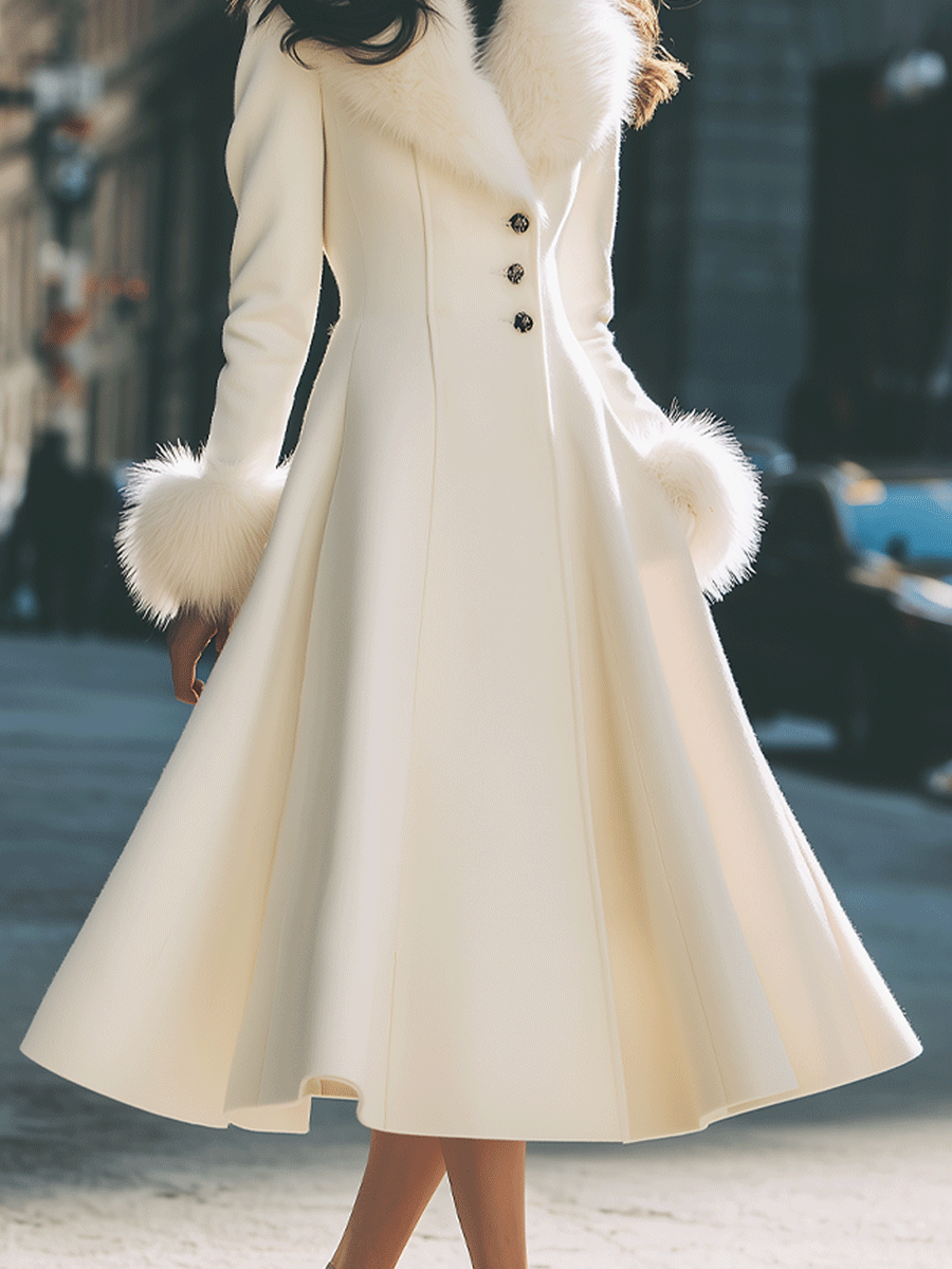 Zafren Ivory Fur Cuff Flared Coat