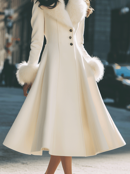 Zafren Ivory Fur Cuff Flared Coat